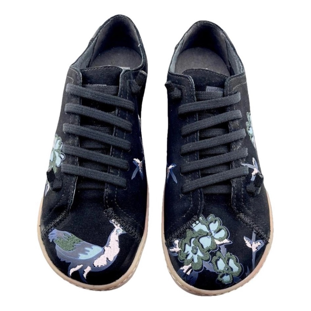Camper TWIN Black Sneakers with Embroidered Peacock and Flowers